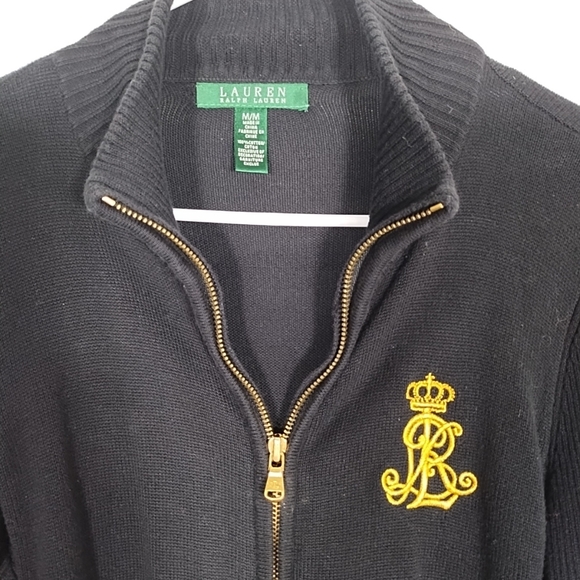 Lauren Ralph Lauren Women's M Black Zip Cardi Sweater Gold Monogram Crest - Picture 5 of 8
